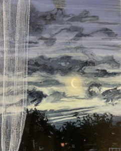 Lara Cobden “Dissolving in the Dawn Sky” Oil and ink on gessoed panel