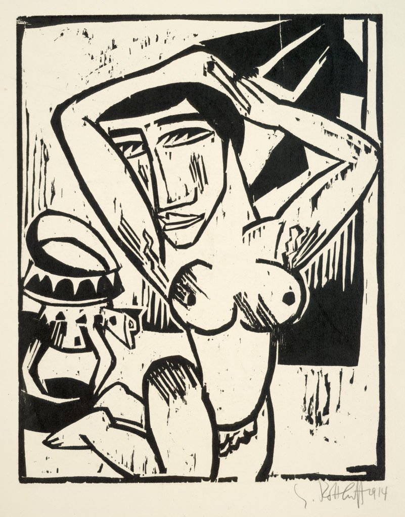 Karl Schmidt Rottluff, Kneeling Woman, 1914, Woodcut.