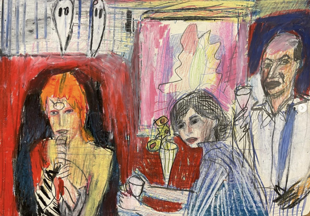 Helen Frankenthaler and Clement Greenberg are at a party in 1973 smoking and drinking cocktails by one of Helen’s paintings when David Bowie suddenly manifests in the room under spirits from the Hilma af Klint world.