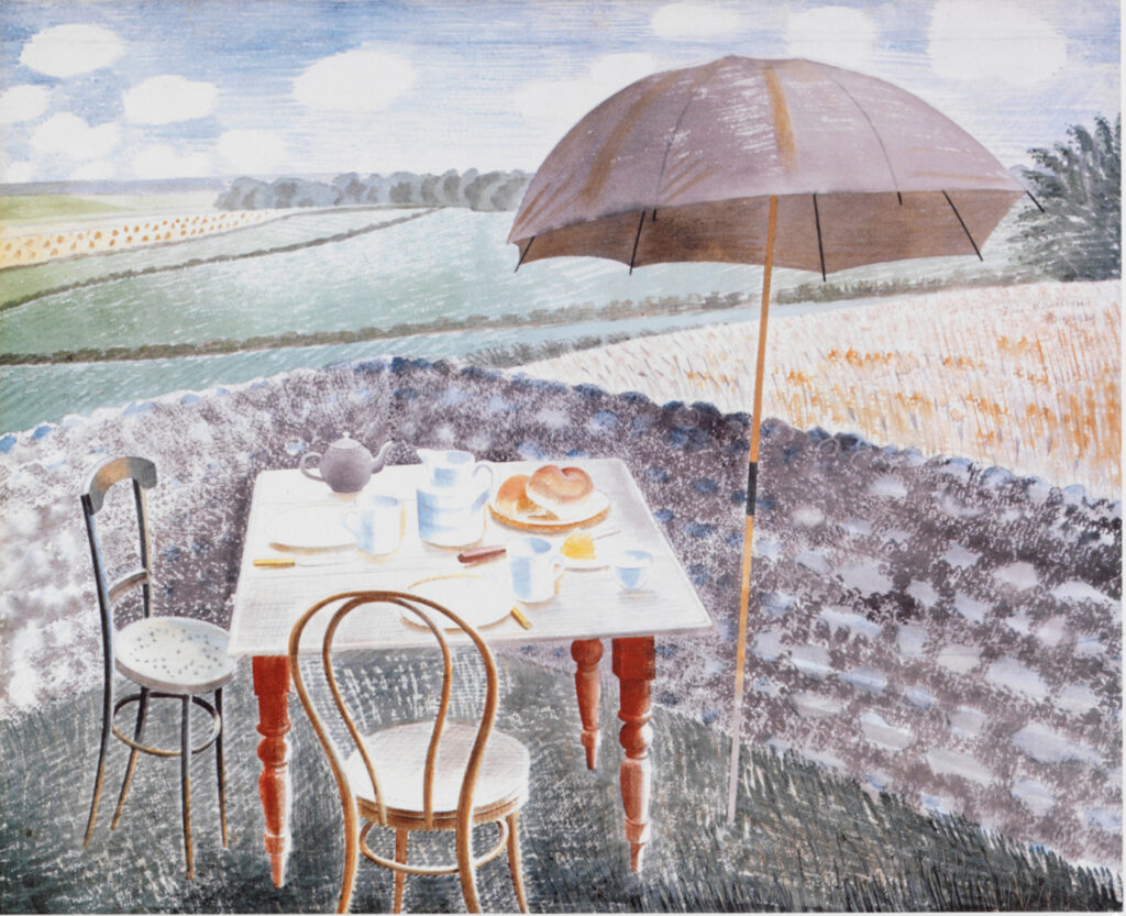 Eric Ravilious, “Tea at Furlongs” watercolor, 1939.